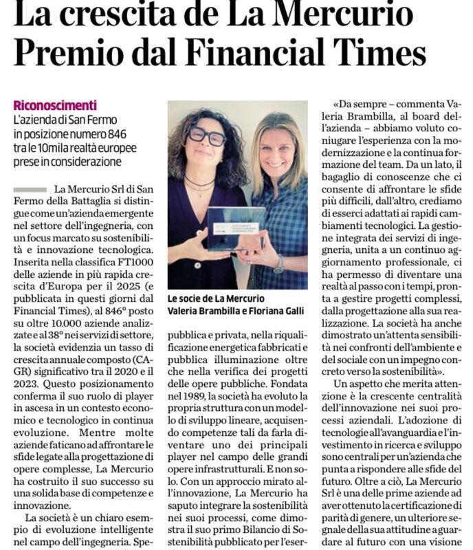 La Mercurio: premio dal financial Times